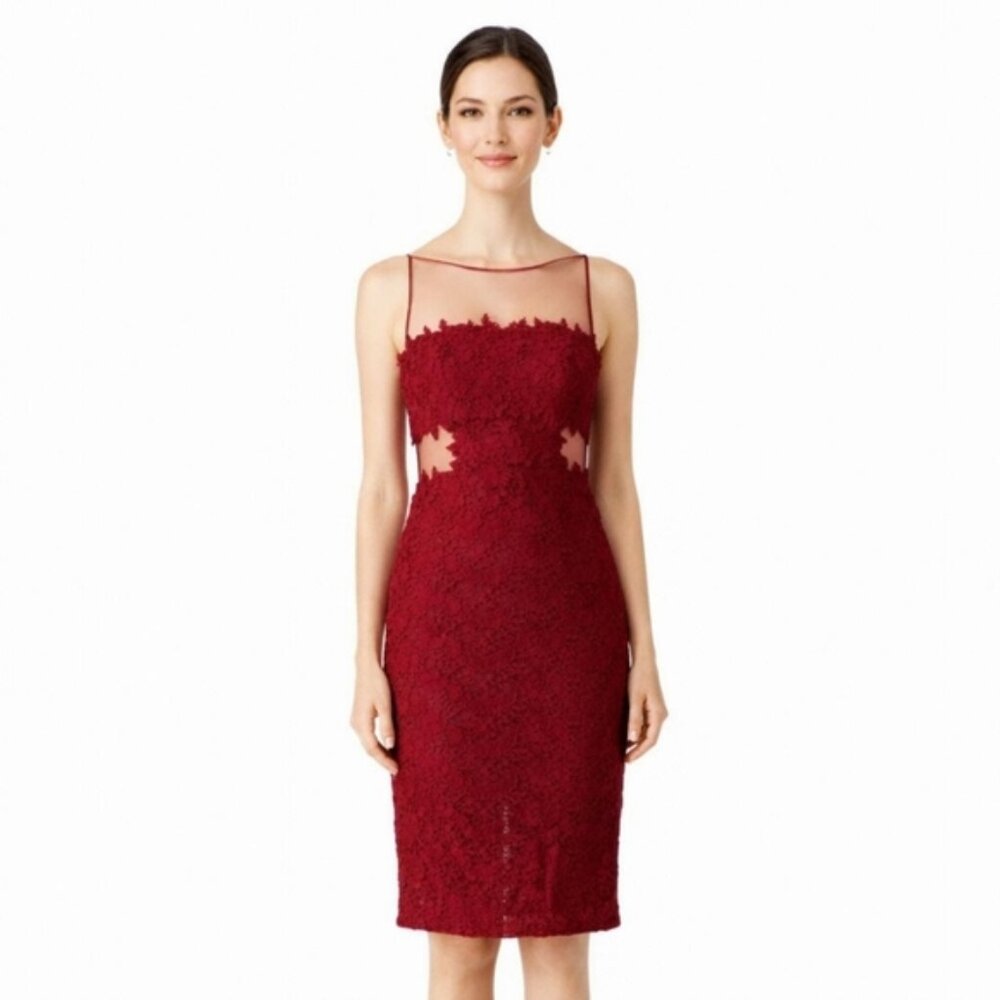 ML Monique Lhuillier Women's Red Aromatic Burgundy Illusion Cocktail Dress